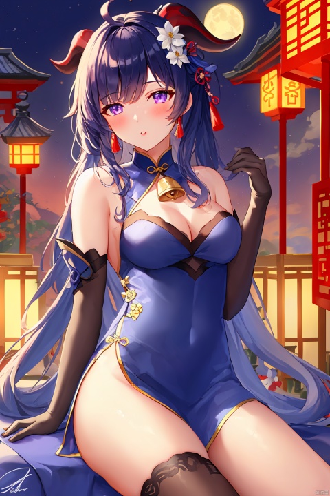 1girl, solo, long hair, breasts, looking at viewer, blush, bangs, hair ornament, gloves, dress, bare shoulders, medium breasts, sitting, blue hair, purple eyes, flower, ahoge, sidelocks, thighs, parted lips, detached sleeves, horns, alternate costume, black gloves, elbow gloves, signature, hair flower, bell, night, blue dress, chinese clothes, moon, white flower, tassel, china dress, neck bell, lantern, vision \(genshin impact\), architecture, goat horns, east asian architecture, paper lantern, flower knot, ganyu \(genshin impact\)