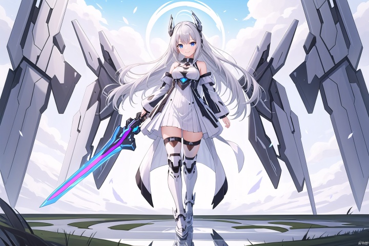 1girl, solo, long hair, breasts, looking at viewer, smile, bangs, blue eyes, thighhighs, dress, bare shoulders, medium breasts, full body, weapon, white hair, boots, outdoors, detached sleeves, wings, sky, day, sword, cloud, water, white dress, armor, zettai ryouiki, petals, floating hair, headgear, cloudy sky, floating, reflection, armored boots, mecha musume, mechanical wings