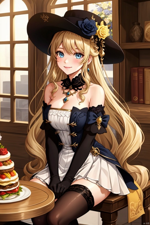  1girl, solo, long hair, breasts, looking at viewer, blush, smile, bangs, blue eyes, blonde hair, large breasts, thighhighs, gloves, hat, dress, cleavage, bare shoulders, jewelry, medium breasts, sitting, very long hair, closed mouth, collarbone, flower, earrings, food, black gloves, elbow gloves, black thighhighs, indoors, white dress, zettai ryouiki, book, window, black headwear, rose, table, hat flower