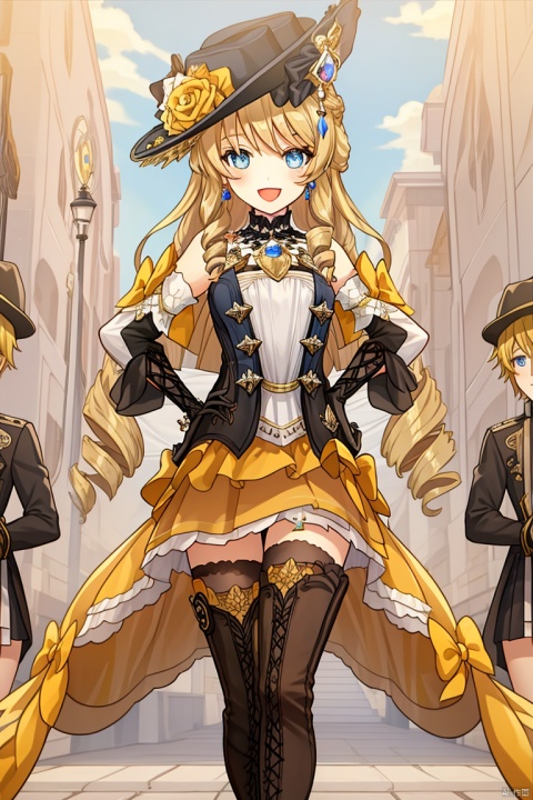 1girl, solo, long hair, breasts, looking at viewer, smile, open mouth, bangs, blue eyes, skirt, blonde hair, thighhighs, gloves, hat, dress, bow, holding, bare shoulders, jewelry, standing, flower, :d, earrings, small breasts, boots, detached sleeves, black gloves, elbow gloves, black thighhighs, zettai ryouiki, hand on hip, black headwear, strapless, rose, umbrella, thigh boots, drill hair, holding umbrella, hat flower, parasol, over shoulder