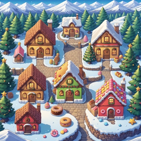 outdoors, food, tree, no humans, window, candy, nature, scenery, snow, forest, mountain, house, christmas tree, candy cane, chimney, pine tree,Candy, cake, chocolate, sandwich cookies, mushrooms, straw hats