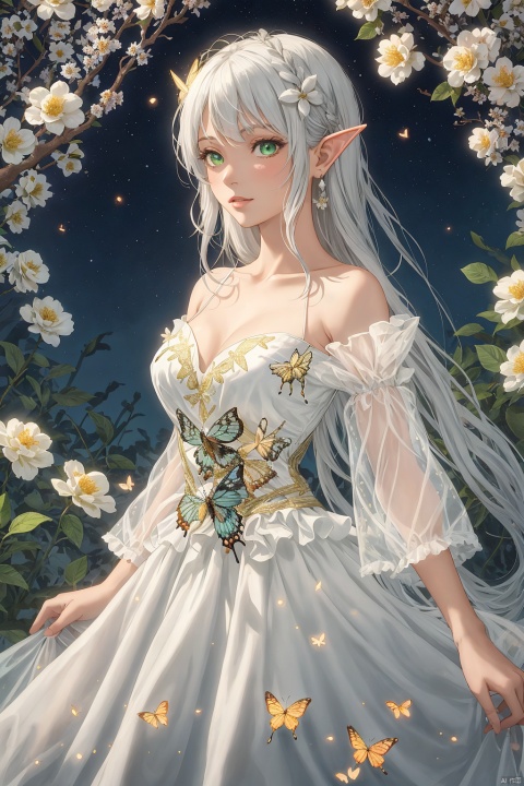  3D,photo,(the wonderland of elf),(((masterpiece))),(incredibly_absurdres),(best quality),(highres),((ultra-detailed)),(girl in the garden),(garden in the dream), (extremely fantasy dream),(an extremely delicate and beautiful girl),delicate face,beautiful detailed eyes,[1princess,elf,pointy_ears, flower, breasts, elf, long_hair, blonde and silver hair, very_long_flowing_hair, solo, detached_sleeves, yokozuwari, green_eyes, white_flower, butterfly_hair_ornament, bare_shoulders, bare_breast,medium_breasts, looking_at_viewer,(silver see-through gauze_dress:1.2),(gold trim glowing gauze_dress), hair_ornament, bangs: :0.66,(upper_body),focus on face,close up,dynamic angle,insect,animals,(bug, glowworm,butterfly,animal, , glowing butterfly,glowing fireflies,fireflies encircles the girl,(glowing)) (detailed light),feather, nature, (sunlight), flowers:0.33,girl in the garden,garden in the wonderland,beautiful and delicate wonderland,(painting),(sketch),(bloom),(shine),(All fireflies shine)(detailed background),(depth of field),backlight,(cinematic light),(lens_flare),(best shadow),(extremely delicate and colorful Wisteria Tunnel), (fairy tale and dreamy),High quality, ultra detail, ((Nahida, genshin impact,Green eyes,Nahida's character costume)),(watercolor medium:1.1), (ukiyoe style:1.21), (masterpiece:1.4641), (best quality:1.331), (illustration:1.1), (1girl:1.5), (solo:1.5), (an extremely delicate and beautiful:1.21), cute,looking at viewer,Medium lens,(She Hold the branches with small white flowers:1.23),(white background:1.3), (night sky with stars:1.2), (Sophora:1.2), (drooping branches with white flowers),(beautiful long white hair),(very long white hair),small breasts,(black pleated skirt:1.25),((white hair)),(collared shirt),(white stocking),collarbone,delicate hands:0.8
