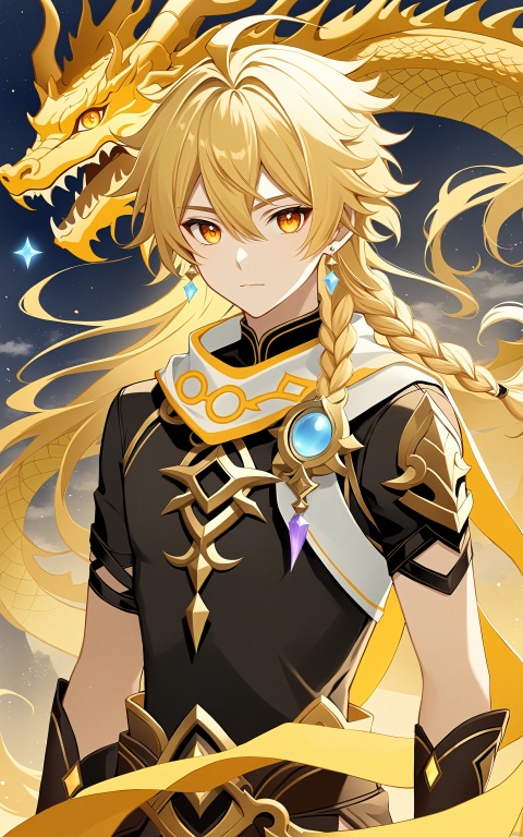  solo, long hair, looking at viewer, bangs, blonde hair, shirt, gloves, 1boy, hair between eyes, jewelry, closed mouth, yellow eyes, upper body, braid, ahoge, short sleeves, male focus, earrings, horns, scarf, orange eyes, black shirt, single braid, dragon, eastern dragon, aether \(genshin impact\)