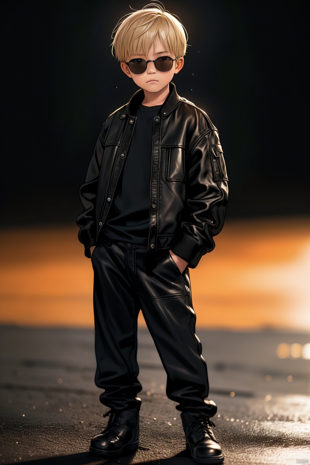  Photo, 10 year old child, single, looking at the audience, short hair, blonde hair, shirt, long sleeve, 1boy, Closed mouth, Standing, Jacket, Male Focus, Cowboy shot, Outdoor, pants, blur, Open Jacket, Black Jacket, black shirt, Depth of Field, Blur Background, Black pants, Sunglasses, Realistic, hands in pockets, leather, Bokeh, Leather jacket, Professional photography, real,