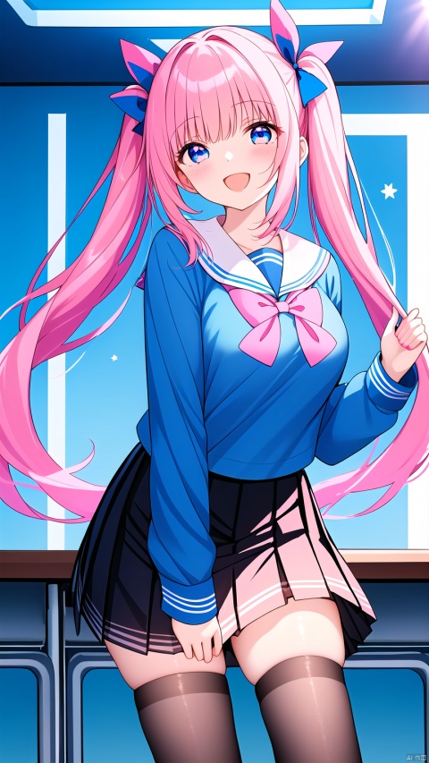  1girl, solo, long hair, looking at viewer, smile, open mouth, bangs, blue eyes, skirt, blonde hair, shirt, bow, holding, twintails, very long hair, school uniform, blue hair, pink hair, short sleeves, hair bow, multicolored hair, pleated skirt, one eye closed, serafuku, sailor collar, nail polish, blue bow, ;d, blue shirt, pointing, microphone, pink nails, holding microphone, pointing at viewer, quad tails, screen, masterpiece