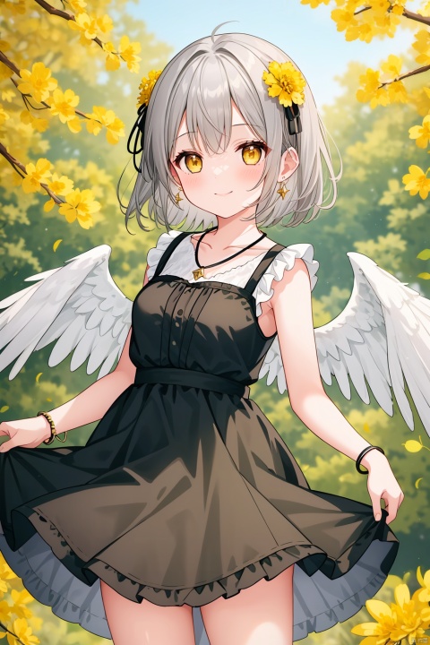 1girl, solo, breasts, looking at viewer, blush, smile, short hair, bangs, hair ornament, dress, hair between eyes, bare shoulders, brown eyes, jewelry, closed mouth, standing, collarbone, yellow eyes, flower, grey hair, cowboy shot, earrings, outdoors, frills, wings, sleeveless, day, hair flower, necklace, bracelet, tree, black ribbon, sleeveless dress, leaf, frilled dress, feathered wings, green dress, yellow flower, skirt hold, white wings, autumn leaves, autumn, falling leaves, orange flower