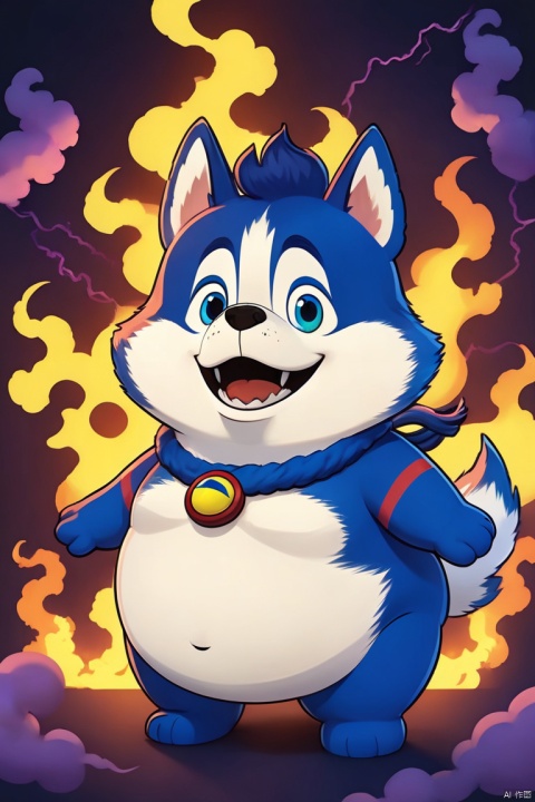 3D animation, happy husky with lightning stripes, Pixar-style character design, cute eyes, cute, plump body, smoke and flame background, color harmony, glowing colors, cinematic lighting 