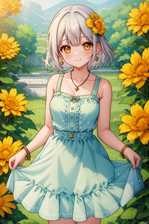  1girl, solo, breasts, looking at viewer, blush, smile, short hair, bangs, hair ornament, dress, bare shoulders, jewelry, closed mouth, standing, collarbone, yellow eyes, flower, white hair, cowboy shot, earrings, small breasts, outdoors, wings, sleeveless, hair flower, bracelet, tree, sleeveless dress, green dress, yellow flower, skirt hold