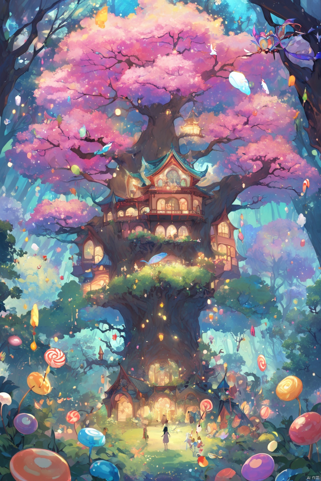  Marshmallow tree, detailed, Bright colors, whimsical, big tree, soft sky, fluffy clouds, fairy, branches filled with candies, sugar coated leaves, Glittering, Soft and chewy, happy children, playful, Cheerful, summer, enchanted forest, enjoyable, imagination, stay, Bright and airy, Irresistible, fantasy, edible, indulgent, Towering, iridescent, Candy heaven, sam kwan Mansion, Glass World, Manchuria Window, Chen's Lineage Hall, neon lights, Having a close and distant view, depth of field, Enigmatic Forest, realm of enchantment, This picture-perfect diorama, Pavilion and Gardens above of Trees adorned, magical creatures flight through, world where imagination knows no bounds, Original