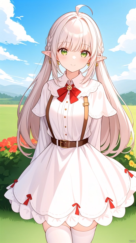  1girl, solo, long hair, looking at viewer, bangs, thighhighs, long sleeves, dress, twintails, jewelry, closed mouth, green eyes, standing, flower, ahoge, white hair, earrings, boots, outdoors, sky, pointy ears, belt, cloud, white dress, white thighhighs, parted bangs, petals, capelet, feet out of frame, bird, brown footwear, cloudy sky, white flower, elf, red nails, white capelet