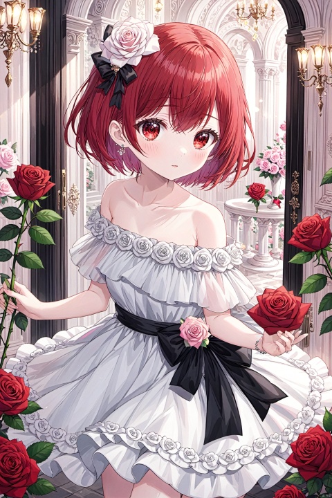 flower, 1girl, red hair, rose, solo, off-shoulder dress, dress, red eyes, white dress, off shoulder, bare shoulders, pink rose, white rose, jewelry, looking at viewer, bow, black rose, pink flower, gift, short hair