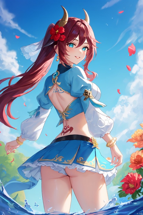 1girl, solo, long hair, breasts, looking at viewer, smile, bangs, blue eyes, skirt, hair ornament, long sleeves, twintails, jewelry, medium breasts, flower, sidelocks, red hair, cowboy shot, parted lips, horns, puffy sleeves, looking back, hair flower, water, aqua eyes, crop top, parted bangs, clothing cutout, tattoo, floating hair, back, gem, veil, pink flower, puffy long sleeves, blue nails, gold trim, circlet, vision \(genshin impact\), bare back, fake horns, thighlet, dancer, harem outfit, back tattoo, nilou \(genshin impact\)