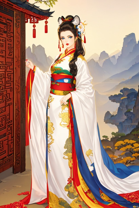 1girl, solo, long hair, looking at viewer, bangs, blue eyes, black hair, hair ornament, long sleeves, jewelry, closed mouth, standing, flower, earrings, outdoors, day, hair flower, wide sleeves, lips, sash, animal, chinese clothes, red lips, tiger, year of the tiger, white tiger