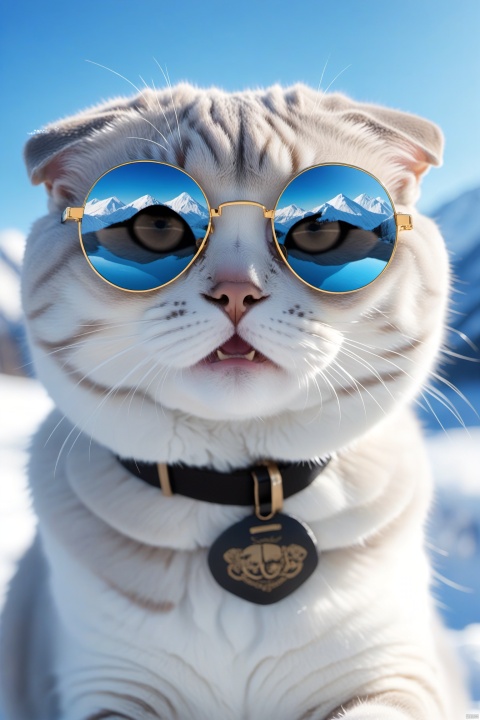 A bunch of Scottish fold cats in stylish sunglasses, surprised, cute, laughing, outdoors, sky, day, blue sky, no humans, scenery, snow, reflection, ice, mountain, motion blur, lake, frozen, particles, feicuixl, Anime style, monkren, x-ray, daxiushan