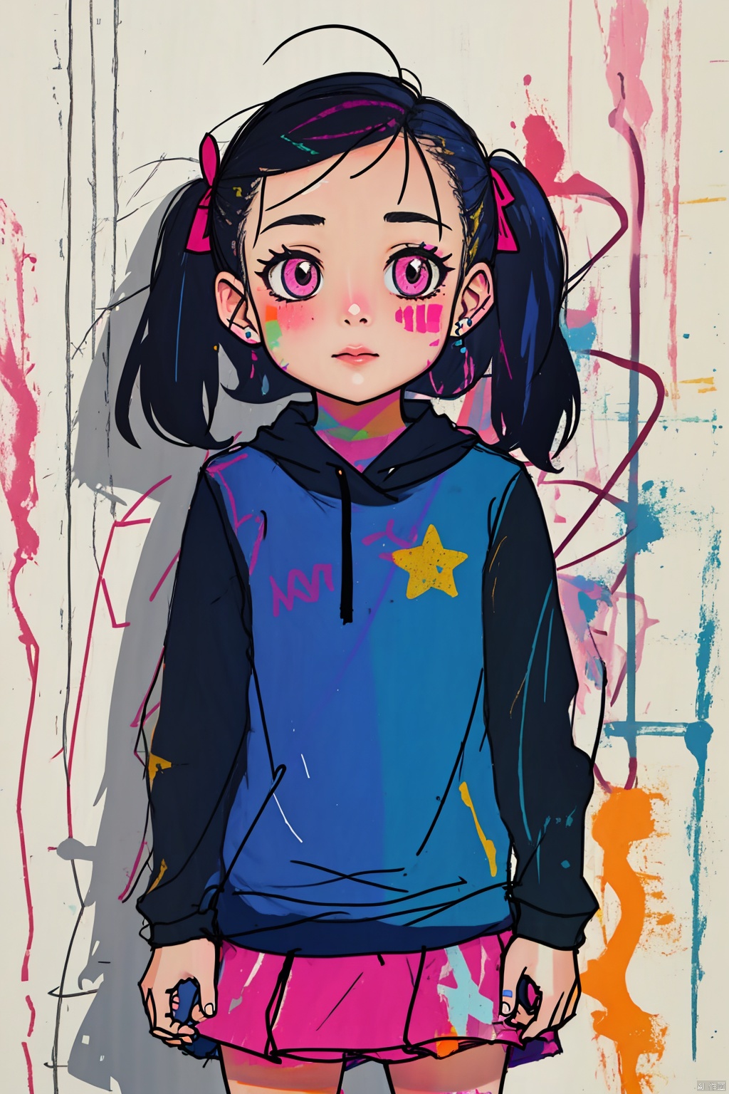  A girl,solo,cute,lines,rainbow colors,colored spray paint,colored inkdrops,, children