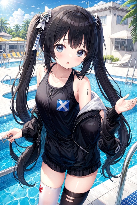 1girl, solo, long_hair, open_mouth, bangs, simple_background, black_hair, hair_ornament, thighhighs, long_sleeves, white_background, twintails, collarbone, jacket, swimsuit, open_clothes, hairclip, black_thighhighs, blunt_bangs, black_eyes, black_jacket, one-piece_swimsuit, sleeves_past_wrists, grey_eyes, low_twintails, looking_away, school_swimsuit, x_hair_ornament, armband, bandaid, blue_one-piece_swimsuit, injury, name_tag, bandaid_on_face, holding_own_arm, hand_on_own_arm, cuts, safety_pin, poolside, pool ladder, swimming club , 
best quality , masterpiece, realistic, Vibrant colors:1.5, an extremely delicate and beautiful, finely detail, extremely detailed CG unity 8k wallpaper, huge filesize, ultra-detailed, highres, RAW photo, vivid, intricate details, perfect eyes, perfect face, perfect lighting,
