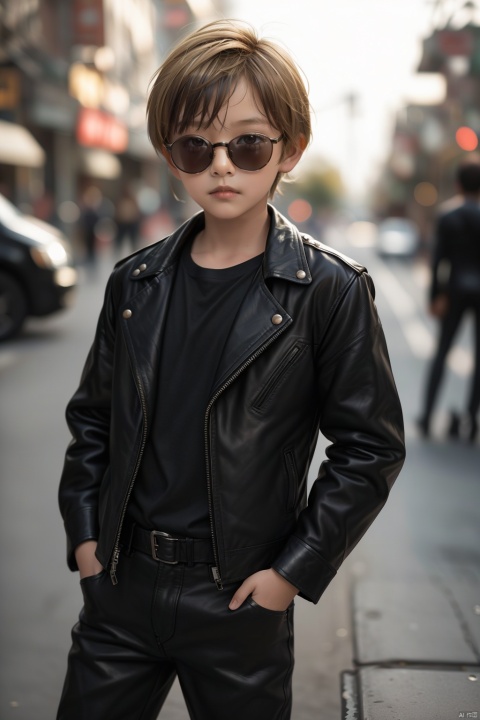  Photo, 10 year old child, single, looking at the audience, short hair, blonde hair, shirt, long sleeve, 1boy, Closed mouth, Standing, Jacket, Male Focus, Cowboy shot, Outdoor, pants, blur, Open Jacket, Black Jacket, black shirt, Depth of Field, Blur Background, Black pants, Sunglasses, Realistic, hands in pockets, leather, Bokeh, Leather jacket, Professional photography, real,