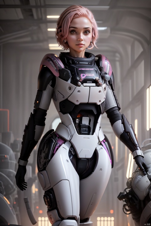  1girl, solo, looking at viewer, short hair,（ Pink eyes：1.8）, full body, pink hair, armor, lips, bodysuit, science fiction, hologram, HD,32k,,
