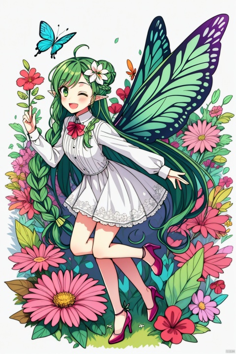 1girl, solo, long hair, smile, open mouth, simple background, hair ornament, long sleeves, white background, dress, ribbon, very long hair, green eyes, full body, braid, flower, one eye closed, green hair, wings, shoes, pointy ears, hair flower, hair bun, white dress, high heels, petals, bug, butterfly, fairy wings