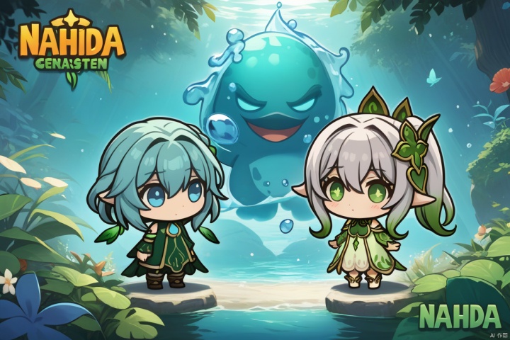  Three game characters, water elemental, NAHIDA, masterpiece, title