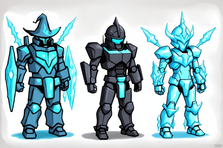  Three game characters, mecha-clad warrior, ice elemental mage, wizard, loli, (masterpiece)
