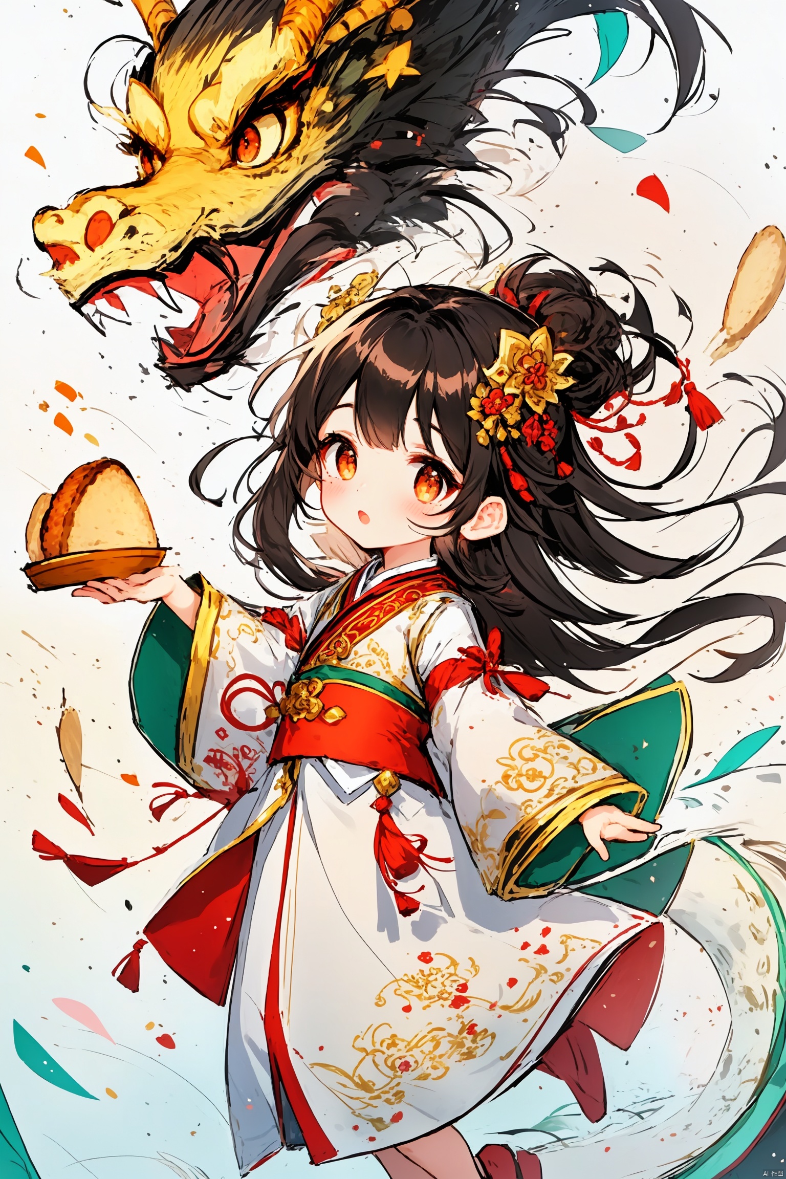  Girl, solo, black hair, hair accessories, Long sleeves, big eyes, Surprise, Open mouth, HD, lips, bread, toast, depth of field, animals, Hanfu, printing, children, nose, dragon, Oriental dragon, Yue, hair accessories, Hanfu,