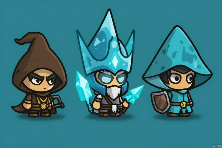 Three game characters, mecha-clad warrior, ice elemental mage, wizard