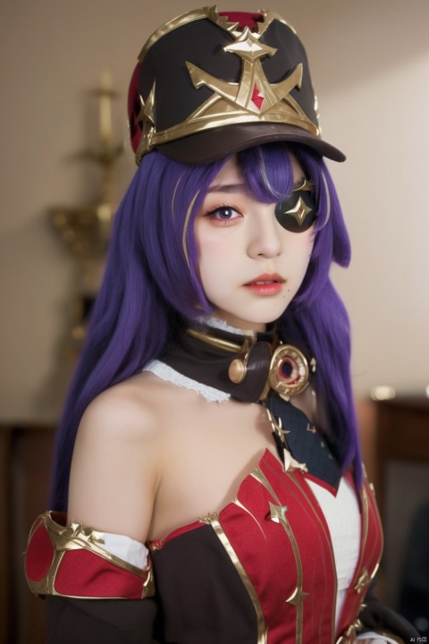  (Best quality: 1.1), (highly details: 1.1), chevreuse_\(genshin_impact\), 1girl, long hair, solo, hat, eyepatch, purple hair, , hevreuse_\(genshin_impact\)