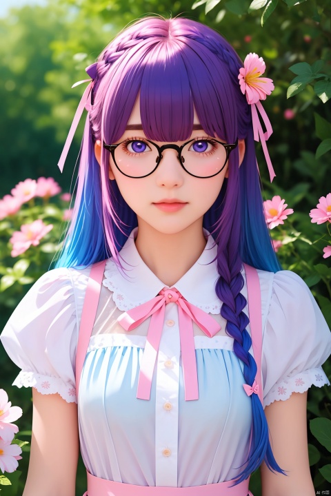  (masterpiece), (best quality), illustration, ultra detailed, hdr, Depth of field, (colorful),string of fate, multiple girls, 2girls, flower, string, blue eyes, looking at viewer, glasses, long hair, pink hair, black hair, short hair, red ribbon, purple eyes, bangs, ribbon, hair between eyes, butterfly, open mouth, bug, blue hair, pink flower, tears