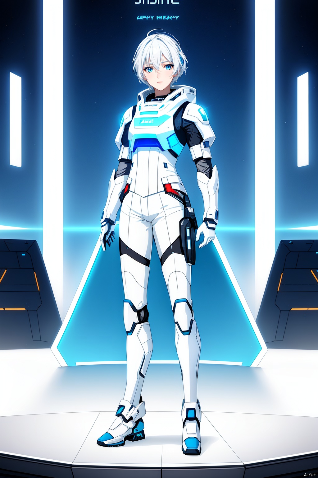  Boy, single, short hair, (blue eyes :1.2), full body, (white hair :1.2), Armor, Sci-fi, Holographic, HD, 32k, Wind, 20 years old, Sunshine, ****, outgoing, lively, Headshot, white space suit, Cyberpunk,Keyboard, mouse, graphics card, console, gamepad