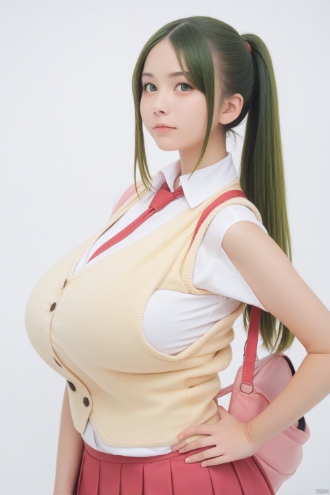 score_9, score_8_up, score_7_up, best quality, masterpiece,realistic,gigantic breasts, upper body, 
1girl, sonozaki mion, solo, necktie, green eyes, green hair, long hair, bag, red necktie, skirt, ponytail, vest, yellow vest, shirt, white background, simple background, school uniform, hand on hip, white shirt, short sleeves, looking at viewer, open vest, pink skirt