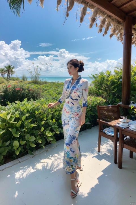  A beach vacation concept, with a model in a tropical resort setting, wearing a stylish swimsuit and a flowing beach cover-up. The backdrop includes palm trees, sandy beaches, and a clear blue sky, creating a sense of relaxation and luxury., china dress\(haihang\), greendesign, Ink painting, flowing skirts,Giant flowers,