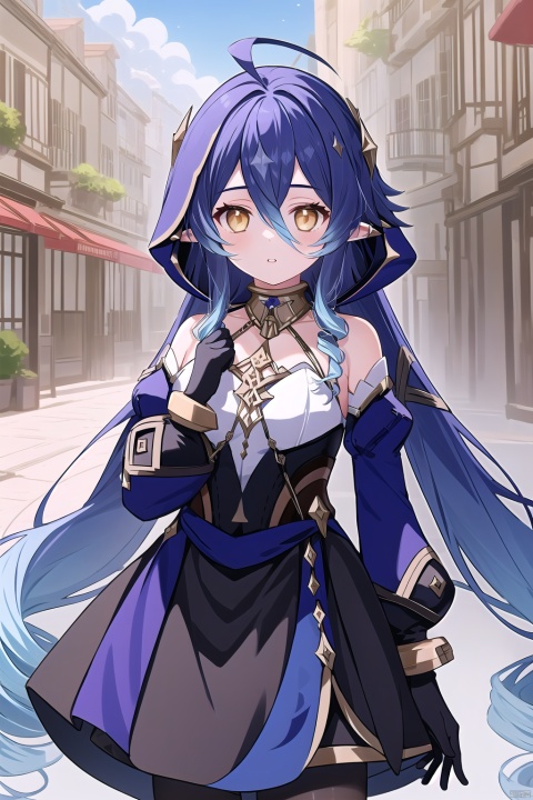  1girl, long hair, bangs, blonde hair, gloves, long sleeves, 1boy, dress, hair between eyes, bare shoulders, very long hair, blue hair, yellow eyes, braid, ahoge, pantyhose, outdoors, parted lips, detached sleeves, pointy ears, black gloves, hood, looking at another, single braid, drill hair, aether \(genshin impact\), layla \(genshin impact\)