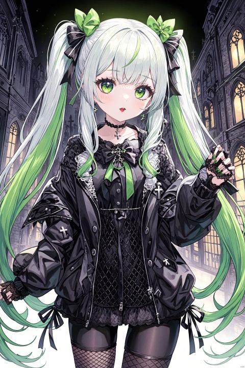 masterpiece,  best quality,  1girl,  solo,  long hair,  twin tails,  hair buns,  multicolored hair, two-tone hair,  white hair,  green hair,  black hair, bangs,  makeup,  black lips,  lipstick,  mascara,  eyeshadow,  cross necklace,  hair bow,  front bow,  lace jacket,  lace gloves,  fishnets,  black leggings,  gothic attire,  dynamic angle,  side lighting,  shiny skin,  detailed eyes,  detailed face
