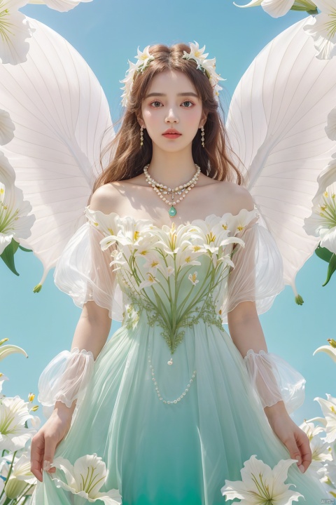 Quality, 8K, extremely intricate details, 1 girl, Lolita, gradient color, careful eyes, transparent wings, gradient art, in the flowers, (huge lily :1.1), sky, (White cloud :0.9), full lens, necklace, pearls and jewelry, 1 girl, flowing dress, light green dress, huge flowers, wide Angle, hdr