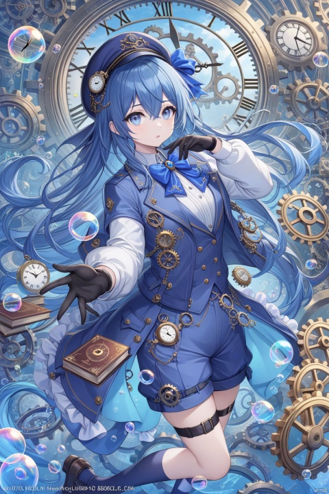 1girl, solo, long hair, looking at viewer, bangs, blue eyes, gloves, long sleeves, hat, bow, hair between eyes, blue hair, jacket, parted lips, shorts, black gloves, socks, book, thigh strap, bubble, clock, company name, gears
