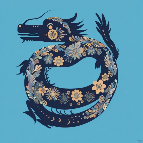 solo, simple background, full body, flower, no humans, blue background, floral print, dragon