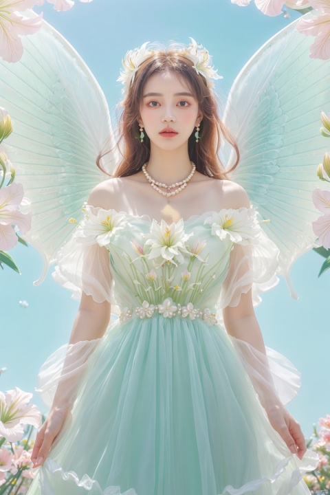 Quality, 8K, extremely intricate details, 1 girl, Lolita, gradient color, careful eyes, transparent wings, gradient art, in the flowers, (huge lily :1.1), sky, (White cloud :0.9), full lens, necklace, pearls and jewelry, 1 girl, flowing dress, light green dress, huge flowers, wide Angle, hdr