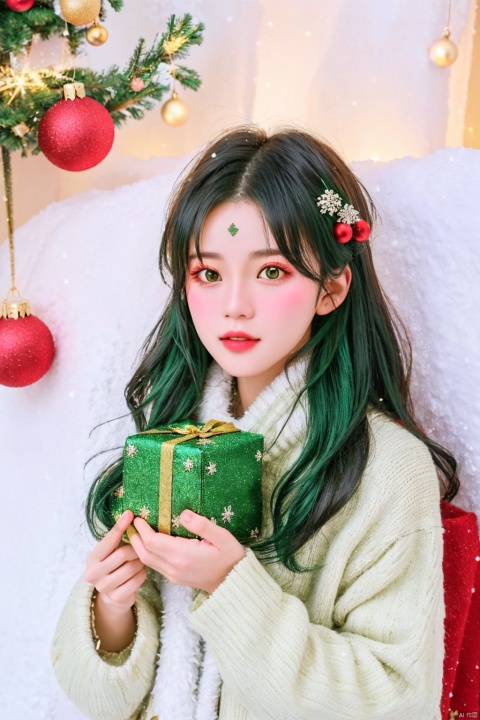  1girl, solo, photo, Snow, outside, Pine, box, christmas tree, merry christmas, holding gift, christmas lights, looking at viewer, bell, ornament, hair ornament, heart-shaped box, UHD, textured skin, high details, 16k, green eyes, qiqi (genshin impact), 1boy