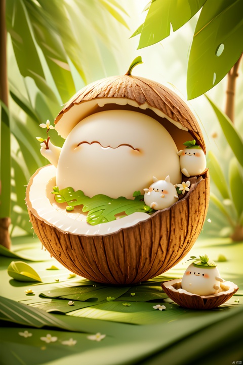 coconut,Coconut blind box,depth of field,grass,leaf,nature,plant