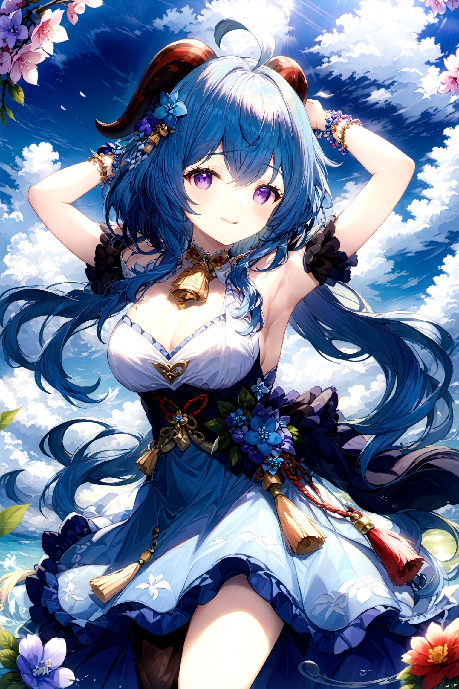  The subject is a single female character with long hair, noticeable breasts, and an engaging gaze towards the viewer. She has a pleasant smile with her mouth slightly open. Her hairstyle includes bangs and sidelocks, complementing her elegant dress adorned with jewelry. She possesses medium-sized breasts and distinctive blue hair that beautifully contrasts with her purple eyes. A flower accessory adorns her head along with an ahoge. The scene takes place outdoors under a sky filled with clouds, where she gracefully raises her arms showcasing delicate bracelets against the backdrop of a serene blue sky. A bell necklace hangs around her neck while she stands in shallow water surrounded by frills and horns. Additionally, she wears an alternate costume featuring tassels and holds a blue flower called "Vision" from the game Genshin Impact, representing the character named Ganyu., (gan yu)
