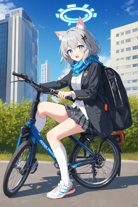 1girl, solo, looking at viewer, open mouth, bangs, blue eyes, skirt, shirt, hair ornament, long sleeves, animal ears, school uniform, jacket, full body, white shirt, weapon, grey hair, pleated skirt, outdoors, open clothes, necktie, shoes, socks, cat ears, medium hair, bag, scarf, open jacket, black jacket, animal ear fluff, plaid, kneehighs, halo, plaid skirt, wolf ears, blazer, white socks, blue jacket, ground vehicle, building, sneakers, extra ears, school bag, blue necktie, city, assault rifle, id card, blue scarf, bicycle, cross hair ornament, mismatched pupils, sig sauer, shiroko \(blue archive\)