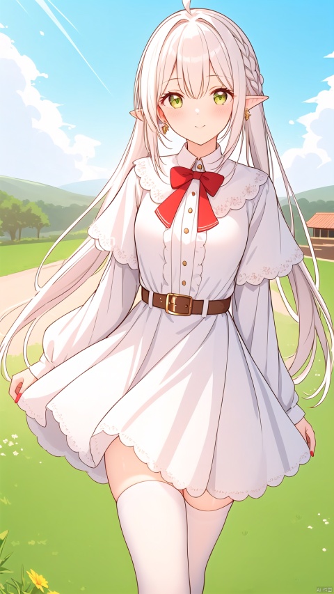  1girl, solo, long hair, looking at viewer, bangs, thighhighs, long sleeves, dress, twintails, jewelry, closed mouth, green eyes, standing, flower, ahoge, white hair, earrings, boots, outdoors, sky, pointy ears, belt, cloud, white dress, white thighhighs, parted bangs, petals, capelet, feet out of frame, bird, brown footwear, cloudy sky, white flower, elf, red nails, white capelet