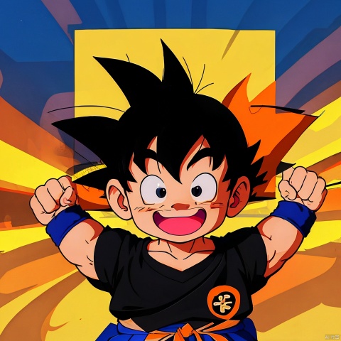  wristband, black eyes, son goku, smile, open mouth, happy, :d, clenched hands, shirt, solo, fingernails, male focus, upper body, arms at sides, dot nose