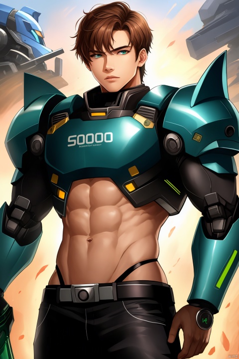  solo, 1boy, weapon, male focus, muscular, colored skin, abs, robot, mecha, science fiction, green skin, manly