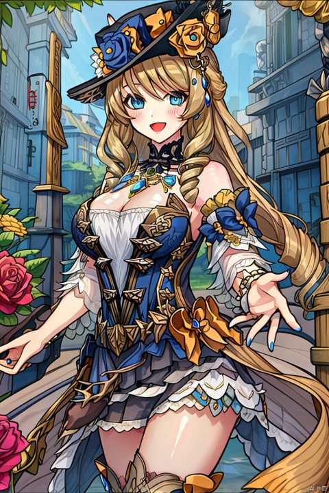 1girl, solo, long hair, breasts, looking at viewer, blush, smile, open mouth, bangs, blue eyes, blonde hair, large breasts, thighhighs, hat, dress, holding, cleavage, bare shoulders, jewelry, flower, :d, boots, detached sleeves, necklace, nail polish, strapless, rose, umbrella, thigh boots, drill hair, strapless dress, blue nails, blue flower, holding umbrella, parasol, yuanshen