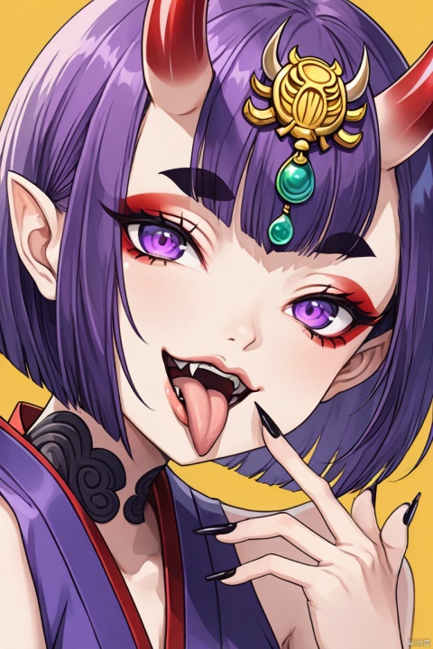 score_9,score_8_up,score_7_up,score_6_up,1girl,solo,tongue,shuten douji \(fate\),purple eyes,tongue out,bangs,looking at viewer,makeup,black nails,short hair,purple hair,fang,portrait,nail polish,bob cut,eyeliner,close-up,oni horns,yellow background,eyeshadow,eyelashes,short eyebrows,fingernails,blunt bangs,open mouth,finger to mouth,thick eyebrows,