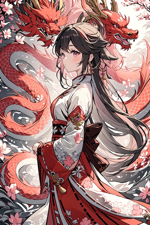  masterpiece, best quality, 1girl, wear pink chinese traditional hanfu,floral print,pink dragon on the left side behind,super detailed,8K,wallpaper,illustration,red and grey black illustration,intricate details,clear lines,bright and soft light, (\lei dian jiang jun\), (gan yu),yae_miko