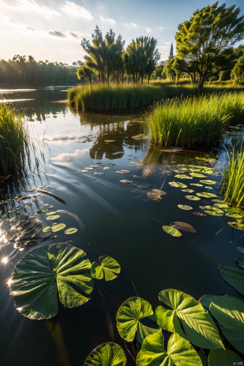 masterpiece,best quality,ss,A wetland park,with aquatic plants,water surface,water surfaceshidi,HDR,UHD,8K,best quality,masterpiece,Highly detailed,Studio lighting,sharp focus,physically-based rendering,extreme detail description,