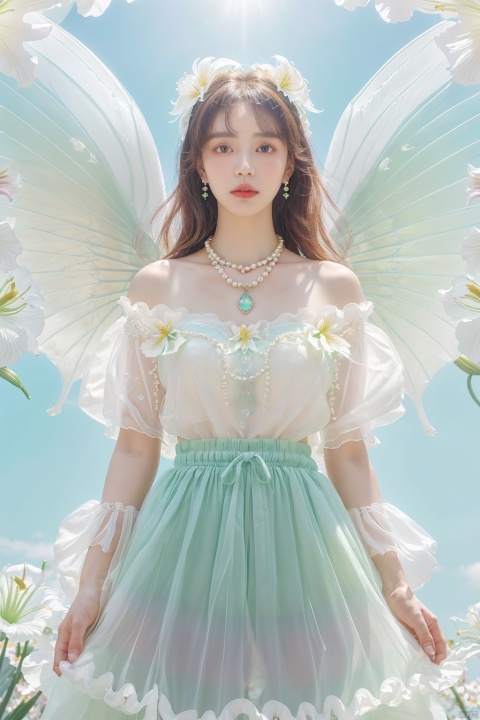 Quality, 8K, extremely intricate details, 1 girl, Lolita, careful eyes, transparent wings, gradient art, in the flowers, (huge lily :1.1), sky, (White cloud :0.9), full lens, necklace, pearls and jewelry, 1 girl, flowing skirt, light green skirt, huge flowers, wide Angle, hdr